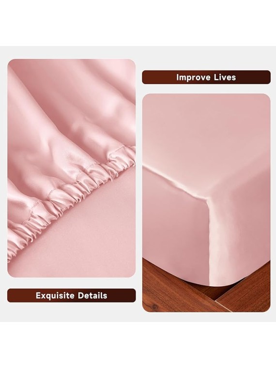 Queen Size 4-Piece Sheet Set 19 Momme Mulberry Silk Super Soft Bedding Set Fits 14-18" Deep Pocket Luxurious Mulberry Silk Sheets (Solid, Light Pink)