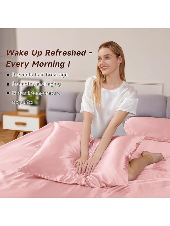 Queen Size 4-Piece Sheet Set 19 Momme Mulberry Silk Super Soft Bedding Set Fits 14-18" Deep Pocket Luxurious Mulberry Silk Sheets (Solid, Light Pink)