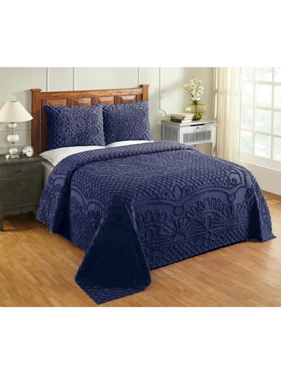 Elegant 100% Cotton 3 Piece Tufted Chenille Bedspread King Size Intricated Texture Fringe Borders | All Seasons Navy Blue Western Bedding Aesthetic Look Luxury Coverlet Soft Cozy Plush Feel