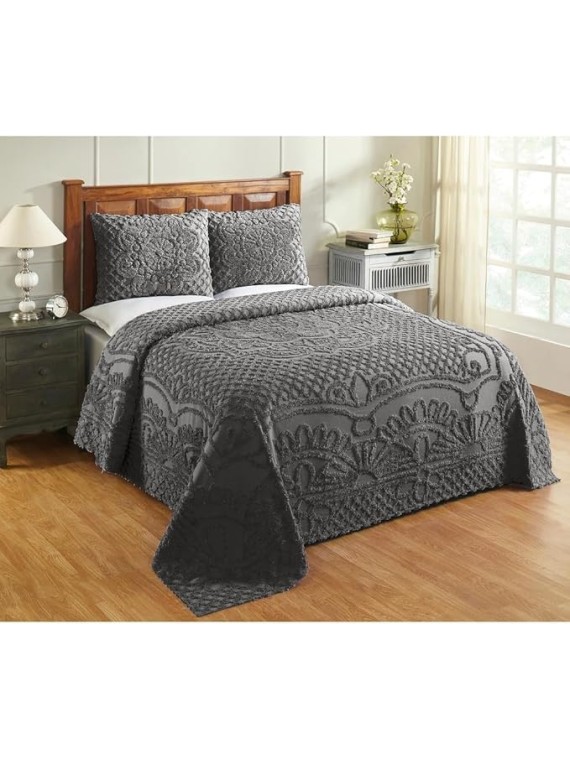 Elegant 100% Cotton 3 Piece Tufted Chenille Bedspread King Size Intricated Texture Fringe Borders | All Seasons Charcoal Gray Western Bedding Aesthetic Look Luxury Coverlet Soft Cozy Plush Feel