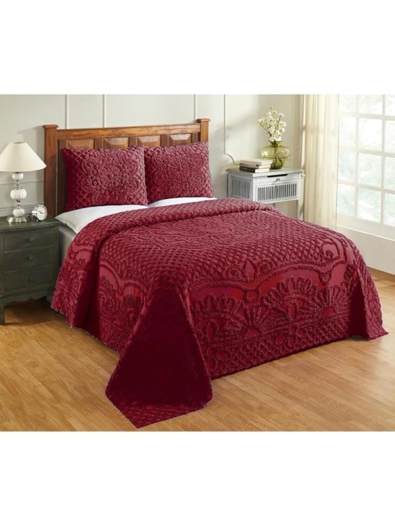 Elegant 100% Cotton 3 Piece Tufted Chenille Bedspread King Size Intricated Texture Fringe Borders | All Seasons Burgundy Maroon Western Bedding Aesthetic Look Luxury Coverlet Soft Cozy Plush Feel