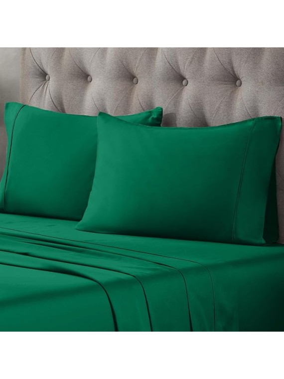 Egyptian Cotton 400 Thread Count Bed Sheet Set, 2 Elastic Deep Pocket Fitted Sheets, 1 Flat Sheet, 2 Pillowcases, Soft Bedding, Luxury Sheets, Sateen Weave, Split King Size, Green