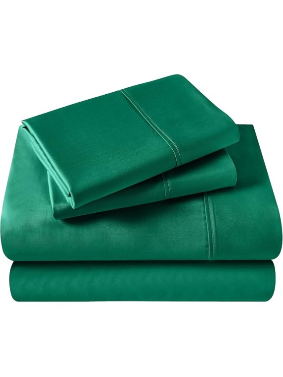 Egyptian Cotton 400 Thread Count Bed Sheet Set, 2 Elastic Deep Pocket Fitted Sheets, 1 Flat Sheet, 2 Pillowcases, Soft Bedding, Luxury Sheets, Sateen Weave, Split King Size, Green