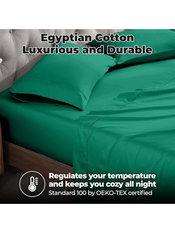 Egyptian Cotton 400 Thread Count Bed Sheet Set, 2 Elastic Deep Pocket Fitted Sheets, 1 Flat Sheet, 2 Pillowcases, Soft Bedding, Luxury Sheets, Sateen Weave, Split King Size, Green