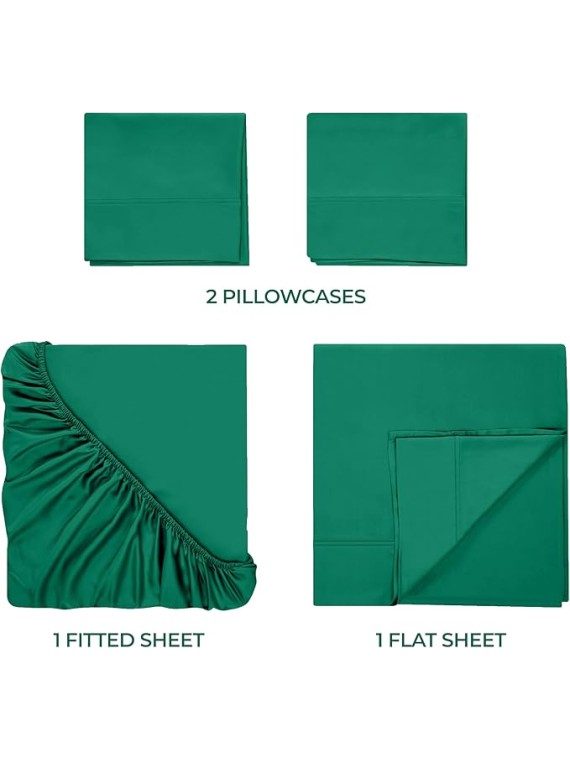 Egyptian Cotton 400 Thread Count Bed Sheet Set, 2 Elastic Deep Pocket Fitted Sheets, 1 Flat Sheet, 2 Pillowcases, Soft Bedding, Luxury Sheets, Sateen Weave, Split King Size, Green