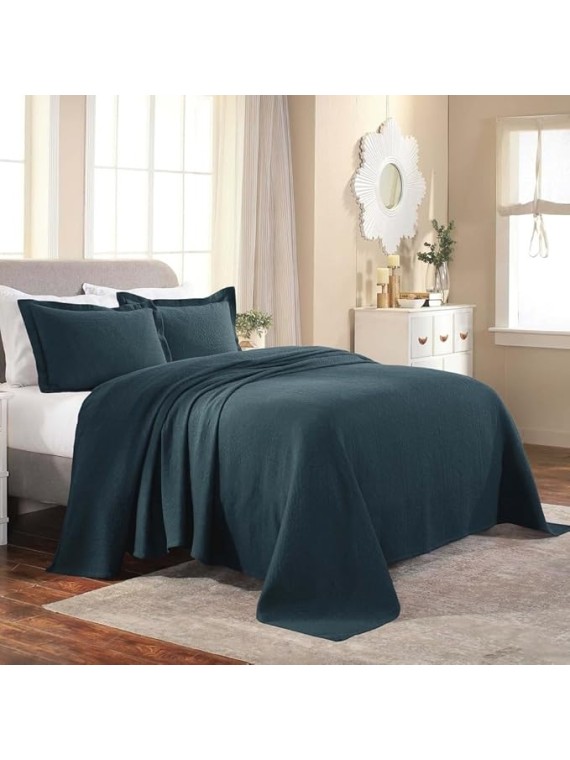 Shabby Chic Bedding 3 Piece Raised Matelasse Woven Design Cotton Bedspread King Size Geometric Pattern | All Seasons Deep Sea Blue Color Plush Cozy Feel Country Cottage Core Coverlet Set