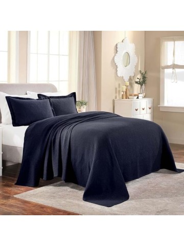 Shabby Chic Bedding 3 Piece Raised Matelasse Woven Design Cotton Bedspread King Size Geometric Pattern | All Seasons Navy Indigo Blue Color Plush Cozy Feel Country Cottage Core Coverlet Set