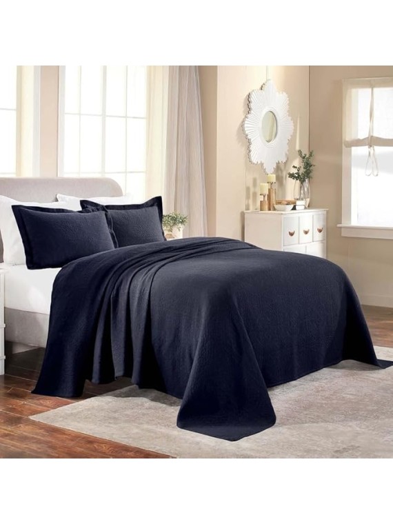 Shabby Chic Bedding 3 Piece Raised Matelasse Woven Design Cotton Bedspread King Size Geometric Pattern | All Seasons Navy Indigo Blue Color Plush Cozy Feel Country Cottage Core Coverlet Set