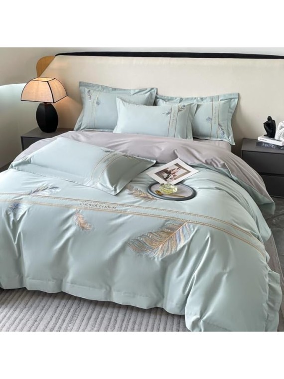 1000TC Pure Cotton Luxury Bedding Flowers Embroidery Bedding Set Duvet Cover Bed Sheet Queen Size Bed Sheet Set(D,King Size)