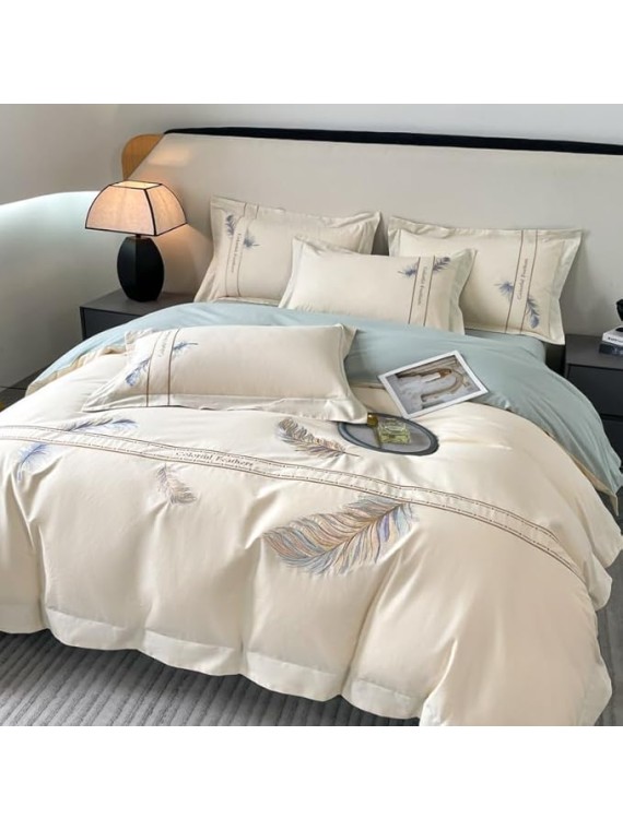 1000TC Pure Cotton Luxury Bedding Flowers Embroidery Bedding Set Duvet Cover Bed Sheet Queen Size Bed Sheet Set(D,King Size)