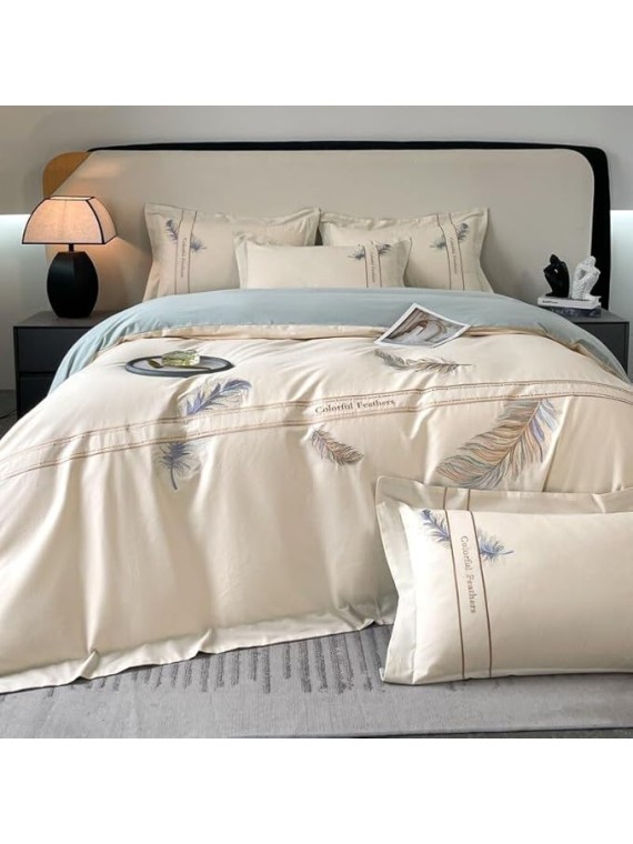 1000TC Pure Cotton Luxury Bedding Flowers Embroidery Bedding Set Duvet Cover Bed Sheet Queen Size Bed Sheet Set(D,King Size)