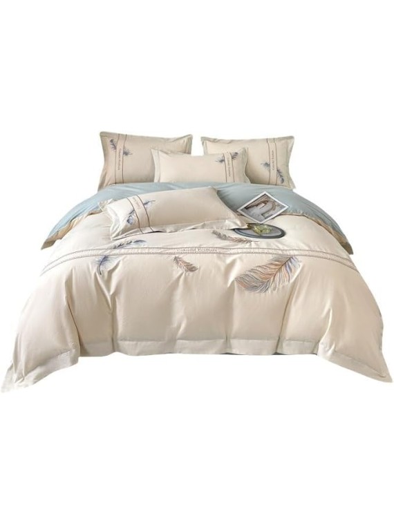 1000TC Pure Cotton Luxury Bedding Flowers Embroidery Bedding Set Duvet Cover Bed Sheet Queen Size Bed Sheet Set(D,King Size)