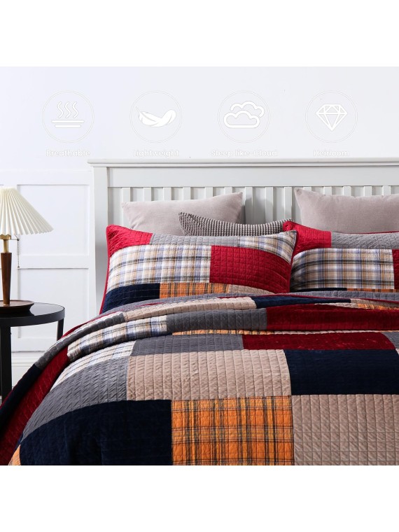 Imports Velvet King Size Comforter Set- Cotton & Velvet Quilt King Size Set, Red, Black bedspreads (96 * 108 Inch) with 2 Pillow Shams, Patchwork Reversible Lightweight Bedding