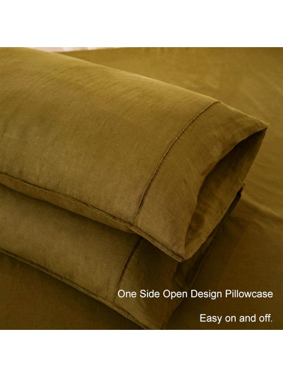 100% French Linen Sheets Set-Queen Size,Stone Washed Natural Flax 4Pcs(2 Pillowcases,1 Fitted Sheet,1 Flat Sheet) Ultra Soft Breathable Bedding Set,Ecru Olive