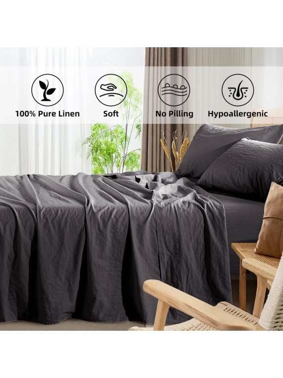 Linen Sheets Queen Size Set, 100% Linen Bed Sheets Breathable & Cooling Pure French Linen Sheets,Soft Durable and Tear Resistant -16 Inch Deep Pocket - 4 Pcs(Dark Grey, Queen)