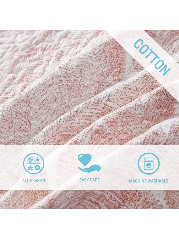 Queen Quilt Set, Reversible Cotton Bedroom Decor with Matching Shams, Tropical Bedding with Textured Reverse (Distressed Water Leaves Coral, Queen)